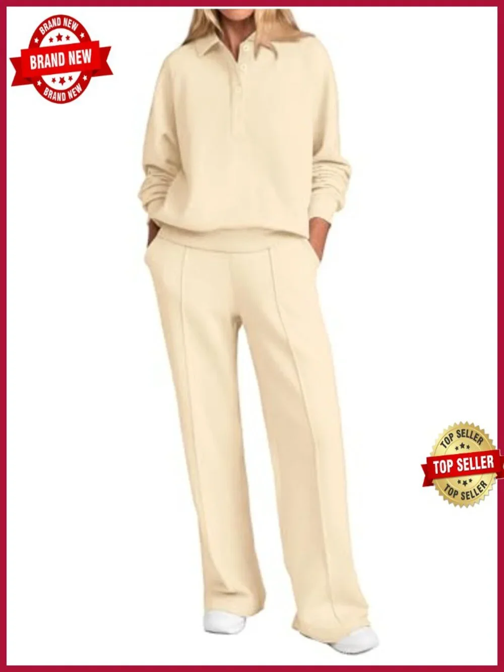 Women's 2 Piece Sweatsuit Set Quarter Button Long Sleeve Sweatshirt Wide Leg